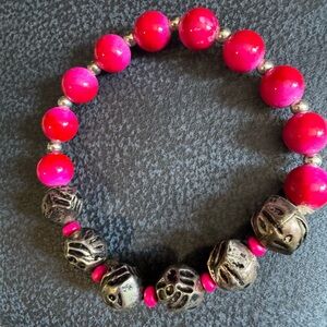 Pink Beaded Stretch Bracelet with Silver Accent Beads